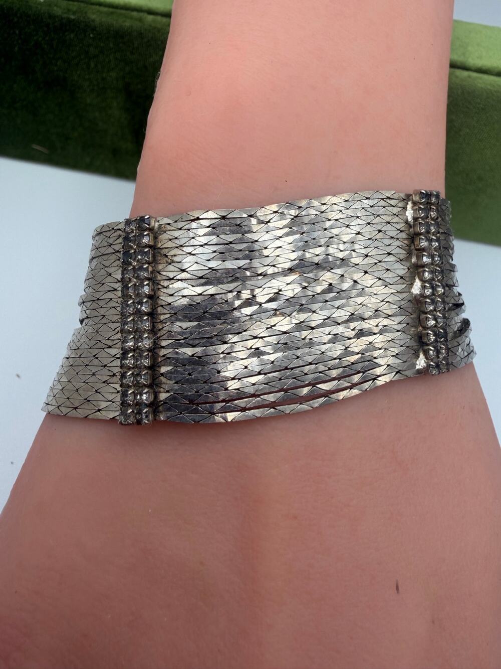 multi-strand woven herringbone mesh bracelet pave rhinestone accent bars